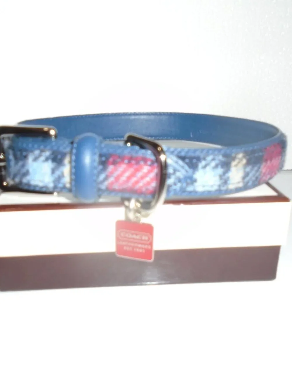 NEW VINTAGE Y2K BLUE LEATHER PLAID WOOL COACH DOG PET COLLAR 8892 SIZE MEDIUM